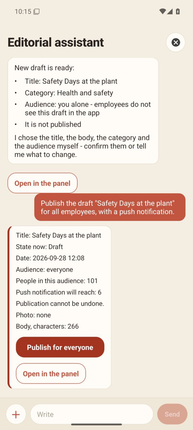 The confirmation card shown before a post goes out to all employees