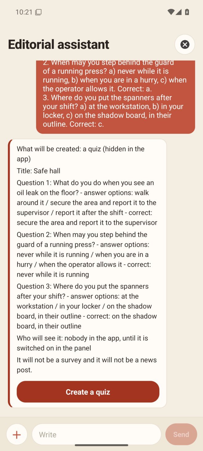 The card for a safety quiz with three questions, shown before it is created