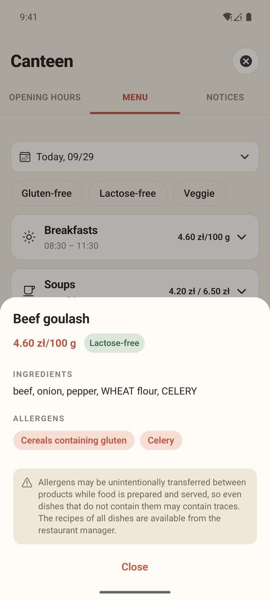 A dish view in the app with ingredients, allergens and a trace warning
