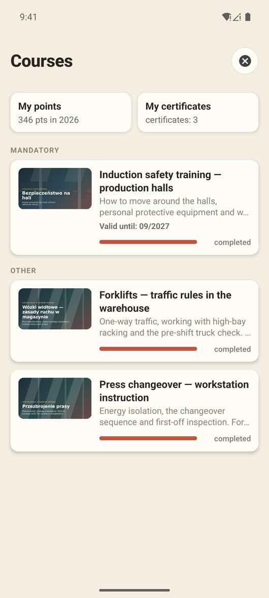 The course list in the app with the mandatory training section and deadlines