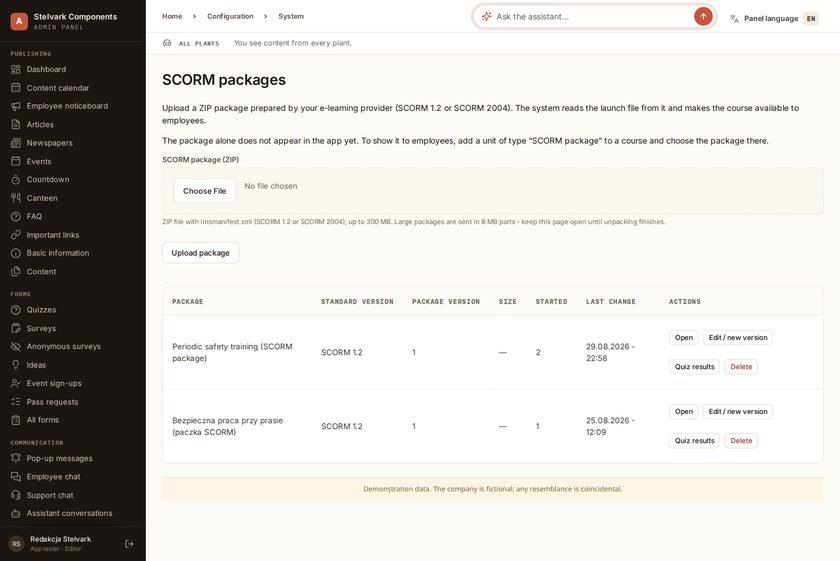 A SCORM package screen in the panel with the standard version and the courses using it