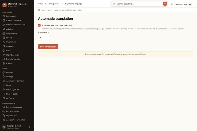 The settings for automatic content translation in the panel